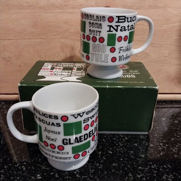 Vtg 60s Holt Howard Round The World Christmas Ceramic Mugs Boxed Pair - Picture 1 of 5